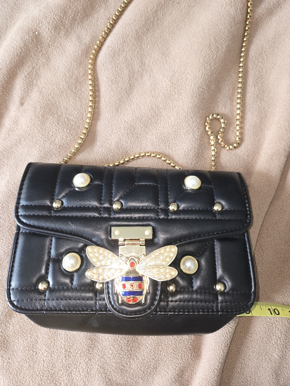 Quilted Faux Leather Handbag W/ Large “Bee” Clasp Adjustable Chain Strap